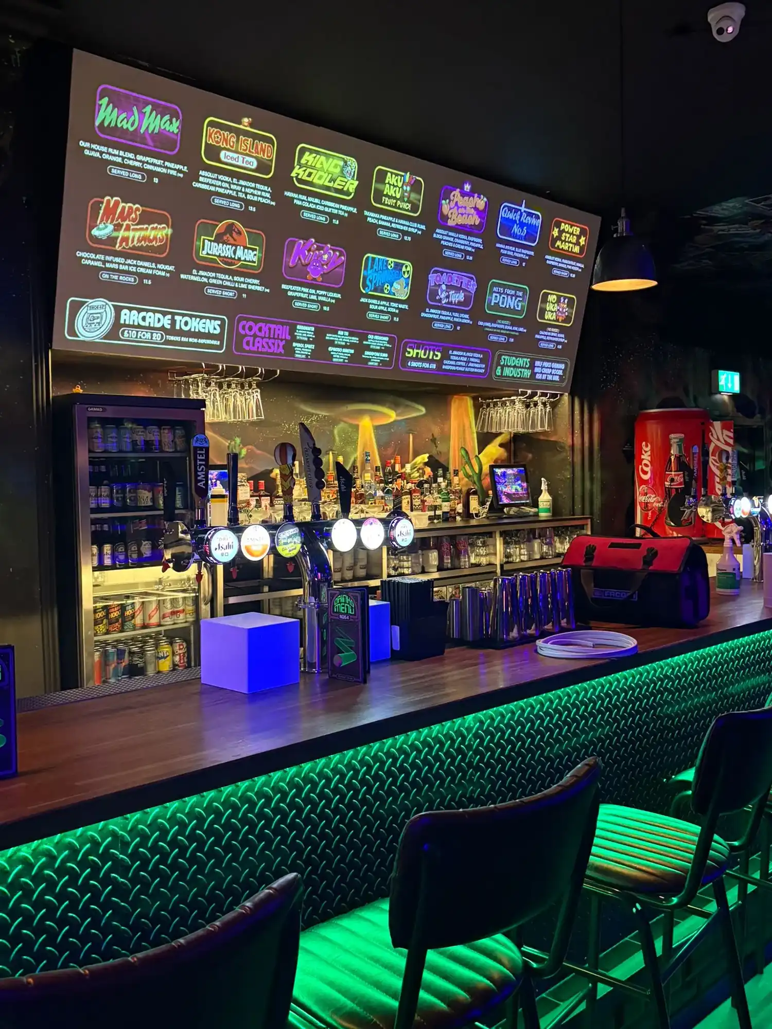 bar menu with flourescent lighting