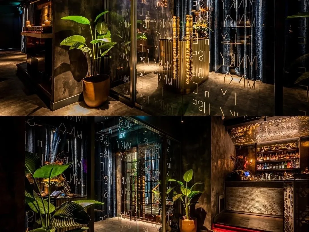 split image of bar with plants