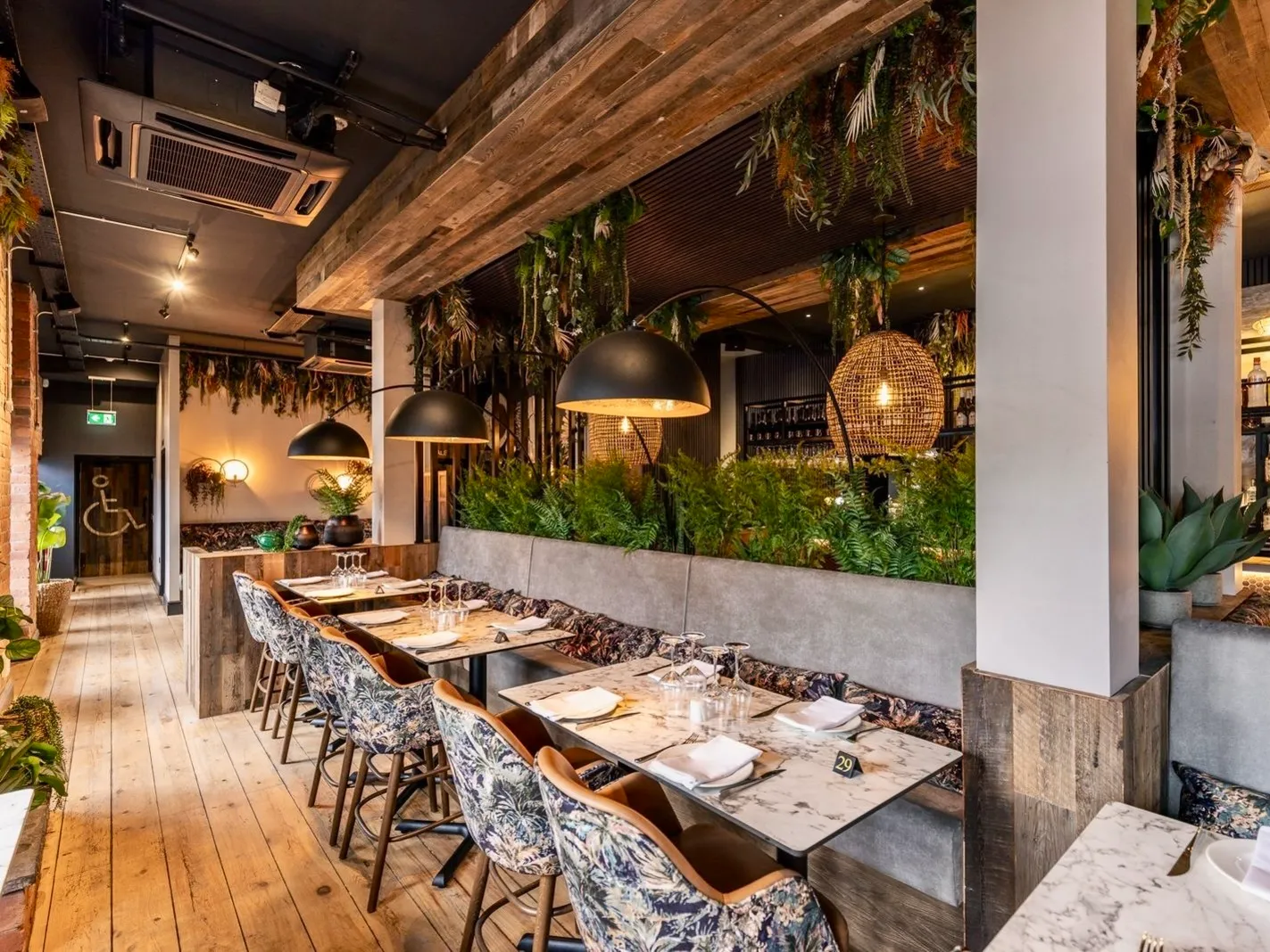 restaurant with large lighting