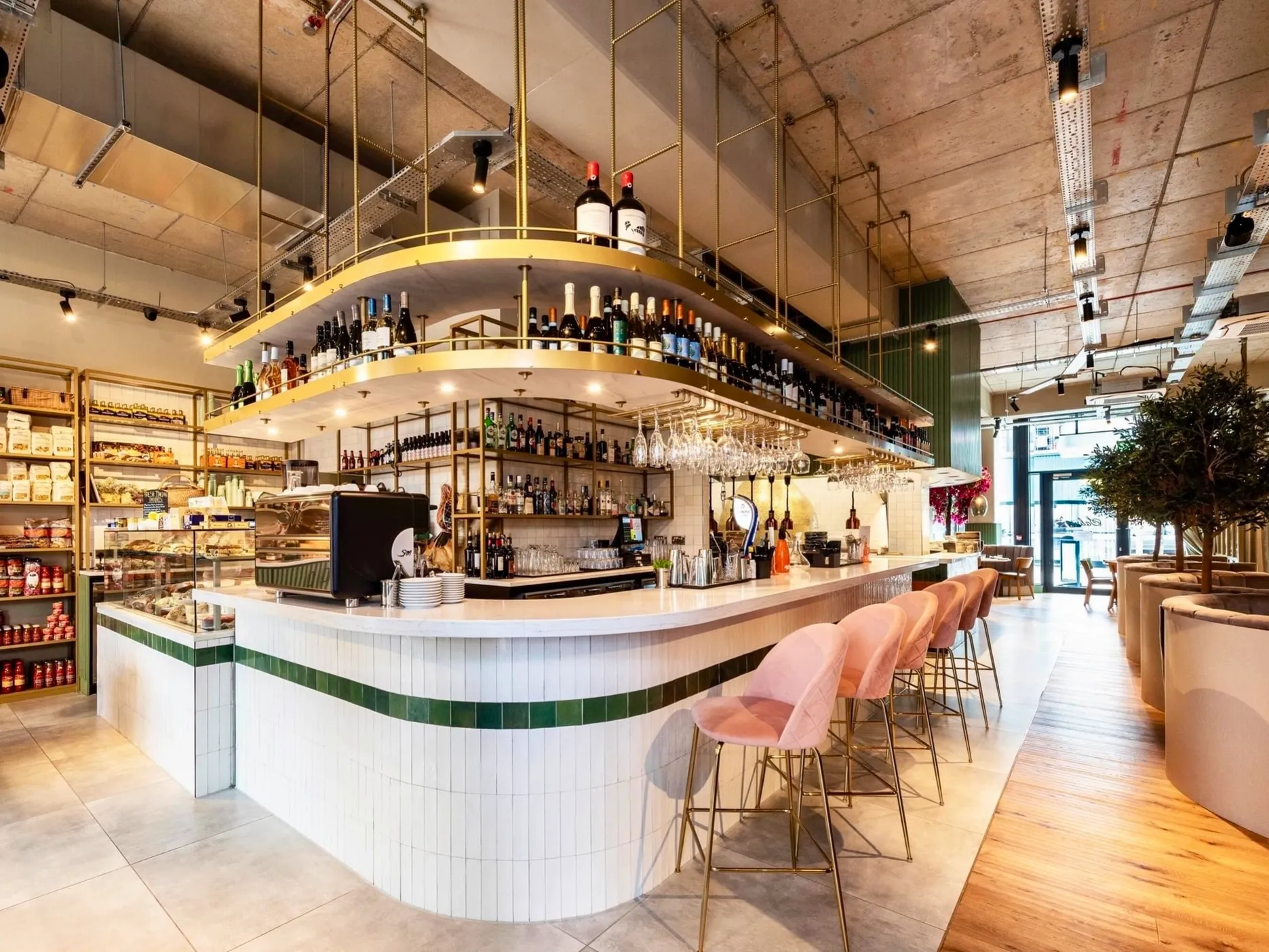 large corner bar with hanging lights